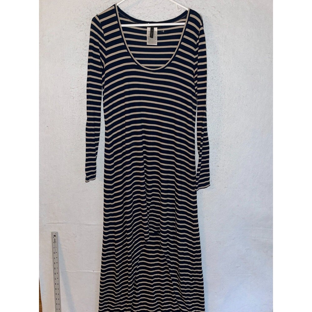 BCBGMAXAZRIA Women's L Striped Long Sleeve High Low Maxi Dress Navy Khak